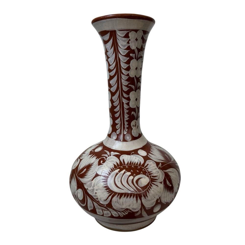 Mexican Pottery Bottleneck 9.5” Vase Floral Hand Painted Bohemian Signed R.C. - Picture 4 of 9